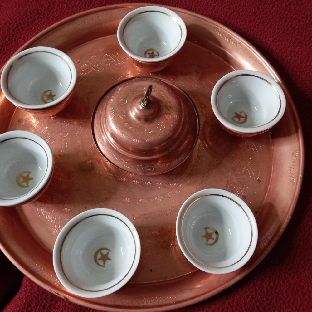 Rare antique Ottoman Empire copper tea set w/sugar bowl and 6 cups